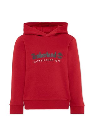 Rode hoodie met Timberland-logo en tekst "Established 1973" op de voorkant, lange mouwen en geribde boorden en zoom.