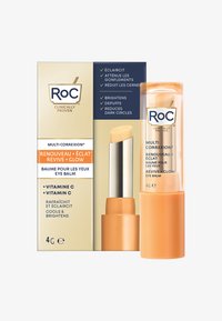 Balsamo per gli occhi ROC Multi Correxion in tubo arancione con accenti argentati e confezione dorata, con benefici della Vitamina C. Dimensione: 4g.