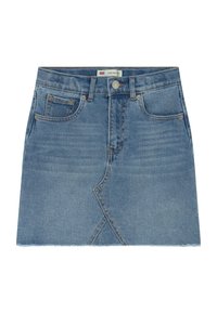 Dámská mini sukně z modrého denimu s vysokým pasem, předními kapsami, zapínáním na knoflíky a detaily s nerovným lemem, s křížovým švem.