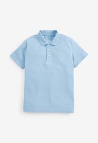 Himmelblaues Polohemd aus Baumwolle mit Kragen, kurzen Ärmeln und drei Knöpfen vorne. Glatte Textur und klassisches Design.