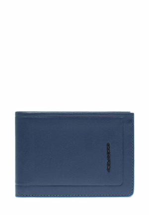 Portefeuille bi-fold en cuir bleu avec bords cousus et petit logo noir Piquadro sur le côté droit avant.
