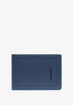 Portafoglio bi-fold in pelle blu con bordi cuciti e piccolo logo Piquadro nero sul lato destro anteriore.