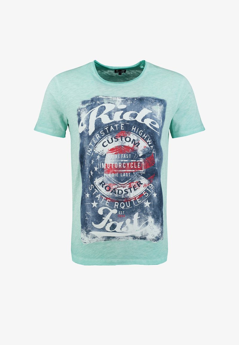 Mintgroene t-shirt met een ronde halslijn en korte mouwen. Bevat een grafische print met tekst en sterdetails in marineblauw en wit.