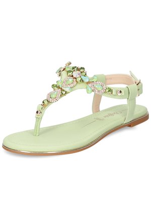 Mint green flat sandals with a thong strap design, embellished with green and clear stones, and featuring an adjustable ankle strap.