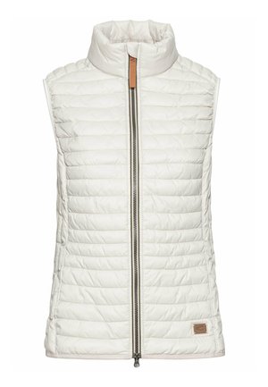 Sleeveless white quilted vest with a high collar and central zipper, featuring a small brown leather logo patch at the bottom right.