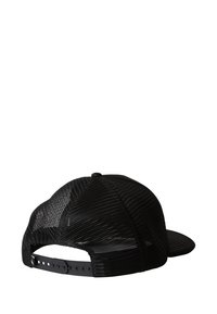 Black mesh baseball cap with a solid visor, adjustable plastic snapback closure, and textured material on the back panels.