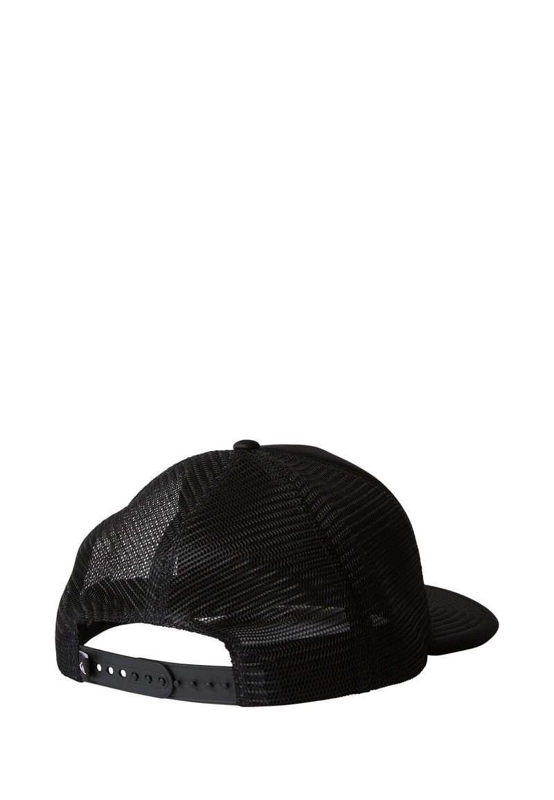 Schwarze Netz-Baseballmütze mit solidem Schirm, verstellbarem Kunststoff-Snapback-Verschluss und strukturiertem Material an den Rückenteilen.