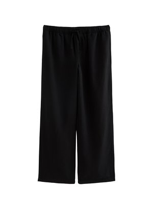 Pantalones negros de pierna ancha con cintura elástica y cordón, hechos de tela suave, mostrados planos sobre fondo blanco.