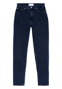 Mörkblå höga slim-fit jeans med framknapp och dragkedja, bältesloopar och femficksdesign från Calvin Klein Jeans.