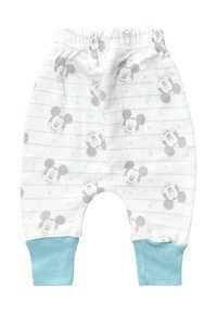 Vita bomullsshorts med grått Mickey Mouse-mönster, gröna ränder och blå muddar. Har en elastisk midja för komfort.