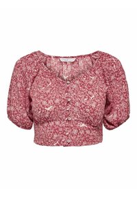 Kurzärmlige, verkürzte Bluse aus rotem Blumenstoff, mit V-Ausschnitt, Knopfverschluss und elastischen Puffärmeln.