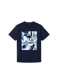 Navyblauwe katoenen T-shirt met een geometrische grafiek in lichtblauw en wit, waarmee "HS" in vet, modern lettertype prominent wordt weergegeven.