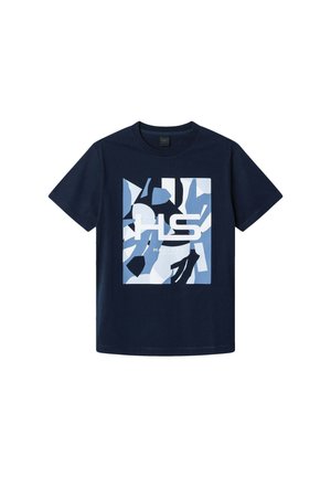 Navy blue cotton T-shirt featuring a geometric graphic in light blue and white, prominently displaying "HS" in bold, modern font.