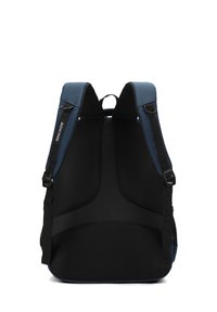 Sac à dos bleu avec panneau arrière en maille, bretelles rembourrées et accents noirs. Présente un design épuré pour le confort et le soutien.