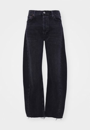 Dark wash, high-waisted wide-leg jeans in denim. Features five-pocket design, frayed hem, and contrasting stitching with metal button closure.