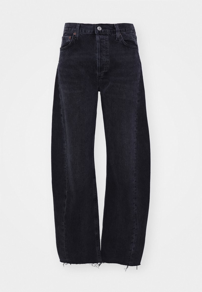 Mörk tvätt, högmidjade vida jeans i denim. Har femficksdesign, fransad fåll och kontrasterande sömmar med metallknappsstängning.