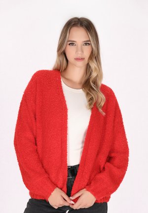 Rode, fuzzy cardigan met een losse pasvorm, open voorkant en verlaagde schouders. Gemaakt van textuurmateriaal, met ribgebreide manchetten en onderkant.