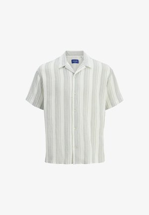 Chemise à manches courtes boutonnée en blanc avec des rayures verticales gris clair, dotée d'un tissu doux et texturé ainsi que d'un col classique.