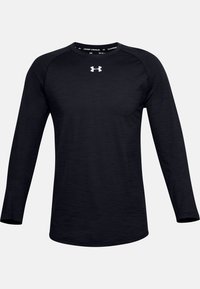 Schwarz, langärmliges Shirt aus einem glatten, leichten Material. Verfügt über einen runden Ausschnitt und ein weißes Under Armour-Logo auf der Brust.