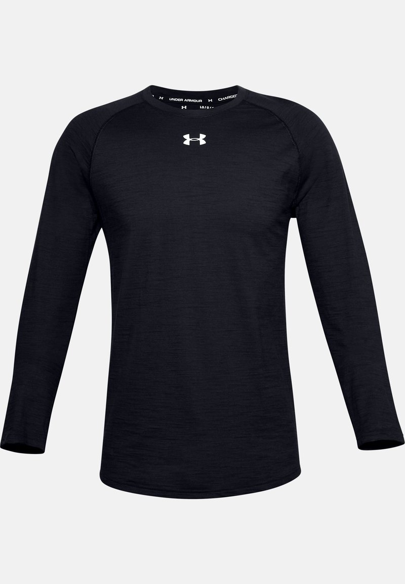 Schwarz, langärmliges Shirt aus einem glatten, leichten Material. Verfügt über einen runden Ausschnitt und ein weißes Under Armour-Logo auf der Brust.