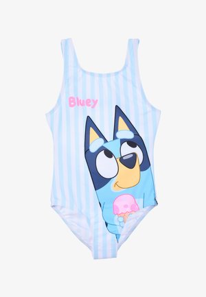 Hellblauer gestreifter Badeanzug mit einer Illustration eines Comic-Hundes, der ein Eis hält. Verfügt über breite Träger und farbenfrohe grafische Akzente.