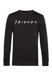 Zwarte sweatshirt met lange mouwen, voorzien van het woord "F.R.I.E.N.D.S" in witte letters, versierd met kleurrijke stippen tussen de letters. Gladde textuur.