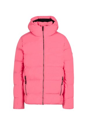 Padded rosa Jacke mit Kapuze, ausgestattet mit einem durchgehenden Reißverschluss und zwei seitlichen Reißverschlusstaschen; glatte Textur und gestepptes Design.