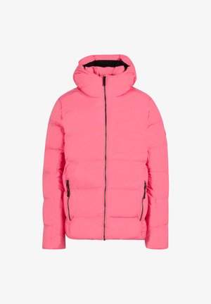 Padded rosa Jacke mit Kapuze, ausgestattet mit einem durchgehenden Reißverschluss und zwei seitlichen Reißverschlusstaschen; glatte Textur und gestepptes Design.