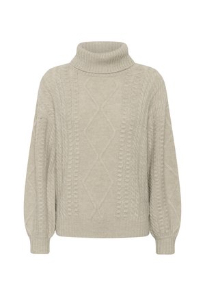 Ljusgrå kabelstickad turtlenecktröja med en avslappnad passform, prydd med texturerade diamantmönster samt ribbade ärm- och halslinningar.