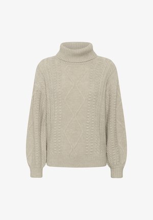 Svetar s turtleneckom, svetlosivi, pleten s uzorkom kablova, s opuštenim krojem, koji sadrži teksturirane dijamantske uzorke te rebraste manžete i izrez.