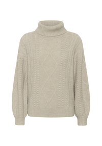 Hellgrauer Kabelstrick-Pullover mit Rollkragen in entspannter Passform, ausgestattet mit strukturierten Rautenmuster und gerippten Bündchen sowie Kragen.