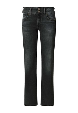 Pantalones vaqueros de denim negro con corte recto, que cuentan con una cinturilla de dos botones y un clásico diseño de cuatro bolsillos, mostrando una sutil textura desgastada.