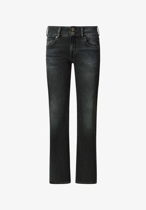 Schwarze Denim-Jeans mit gerade geschnittenem Bein, ausgestattet mit einem Zwei-Knopf-Bund und klassischem Vier-Taschen-Design, das eine subtile, verwaschene Textur zeigt.