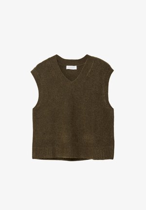 V-neck knitted vest in dark olive green. Sleeveless design with ribbed hem. Made from soft, textured fabric. Simple and versatile silhouette.