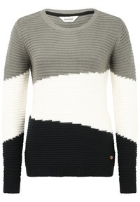 Strikkegenser med rund hals. Har et stripet mønster i grått, hvitt og svart. Teksturert stoff, ribbkanter på ermer og hem.