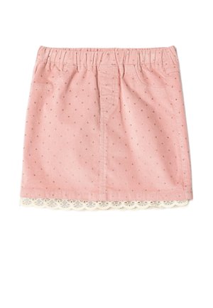 Falda de pana rosa con patrón de estrellas doradas, cintura elástica, bolsillos frontales y dobladillo con encaje beige.