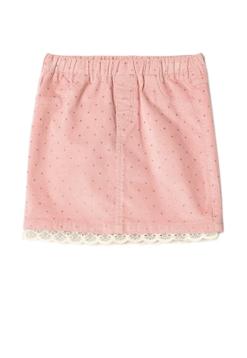 Falda de pana rosa con patrón de estrellas doradas, cintura elástica, bolsillos frontales y dobladillo con encaje beige.