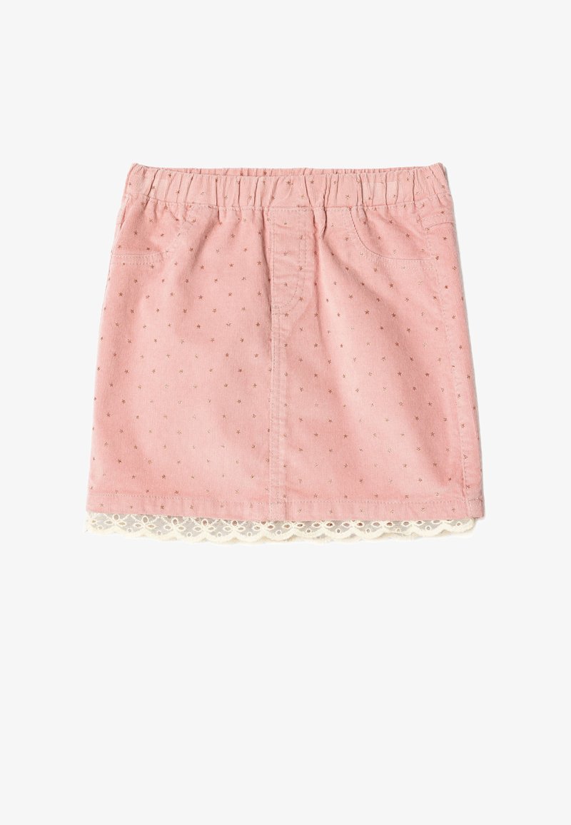 Rosa Cord-Röcke mit goldenem Sternmuster, elastischer Taille, vorderen Taschen und beigem Spitzenbesatz am Saum.