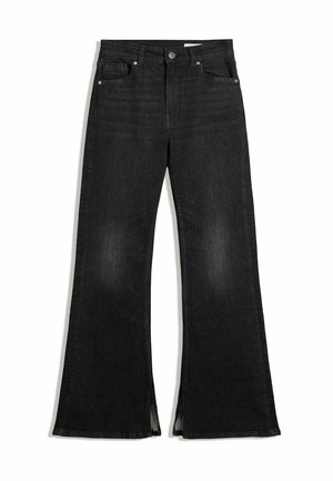 Černé rozšířené džíny vyrobené z denimu, s vysokým pasem, předními kapsami a rozparky na lemu pro pohodlný střih.
