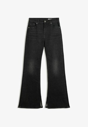Črne razširjene jeans hlače iz denima z visokim pasom, sprednjimi žepi in raztrganimi odprtinami na robu za sproščen fit.
