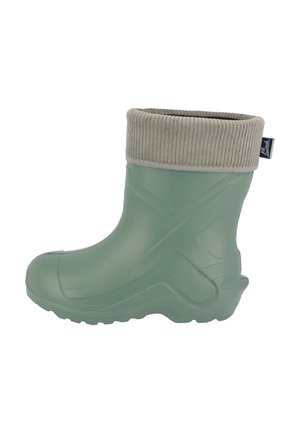 Botte en caoutchouc verte avec un poignet en velours côtelé gris texturé. Caractéristiques d'un bout arrondi, d'une semelle épaisse et d'un label logo sur le côté. Matériau lisse et imperméable.