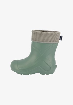 Green rubber boot with a textured gray corduroy cuff. Features a rounded toe, thick sole, and a side logo label. Smooth, waterproof material.
