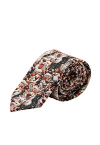 Zwijany krawat z czarnym tłem i kolorowymi rysunkowymi psami w zimowych czapkach, prezentujący misterny wzór i gładką teksturę tkaniny.