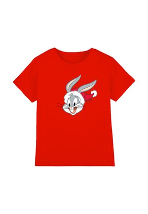 Red cotton T-shirt featuring a graphic of a cartoon rabbit's face with gray details, prominent ears, and a red cloak accent.