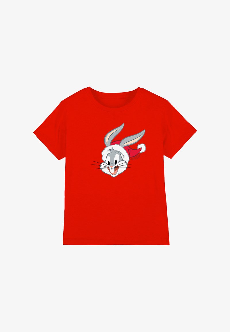 Red cotton T-shirt featuring a graphic of a cartoon rabbit's face with gray details, prominent ears, and a red cloak accent.