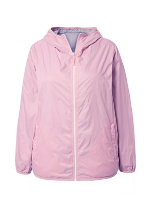 Hellrosa Kapuzen-Windjacke mit durchgehendem Reißverschluss und Seitentaschen, auf weißem Hintergrund präsentiert.