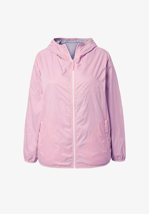 Lyserød hættejakke med fuld lynlås foran og sidelommer, vist på en hvid baggrund.