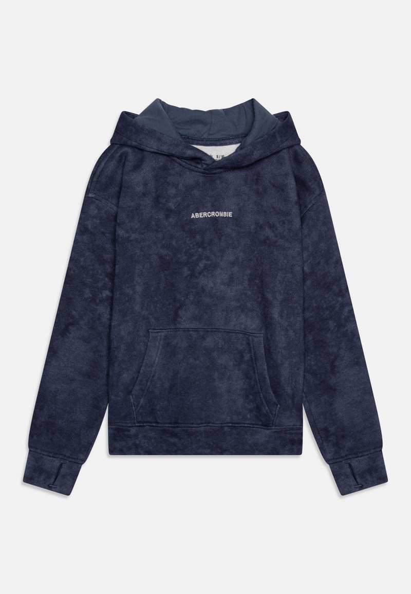 Sudadera azul marino de tela suave, con un bolsillo frontal, capucha con cordón y el texto blanco "ABERCROMBIE" en el pecho.