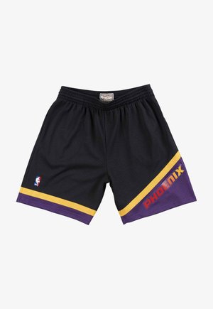 Shorts de basket-ball en maille noire avec une taille élastique, ornés d'une bande violette et jaune au bas, et d'un lettrage rouge "PHOENIX" ainsi que du logo de la NBA.