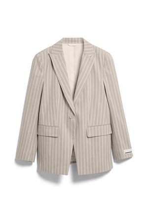 Beige single-button blazer with white vertical stripes, notched lapels, flap pockets, and a small label on the left sleeve cuff.
